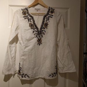 Rocha White Linen Blend Embroidered Beaded/Sequence Top